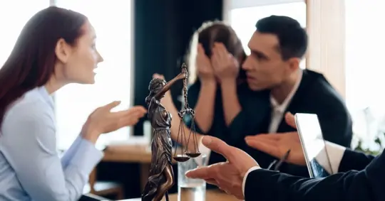 parents arguing in front of a kid and lawyer